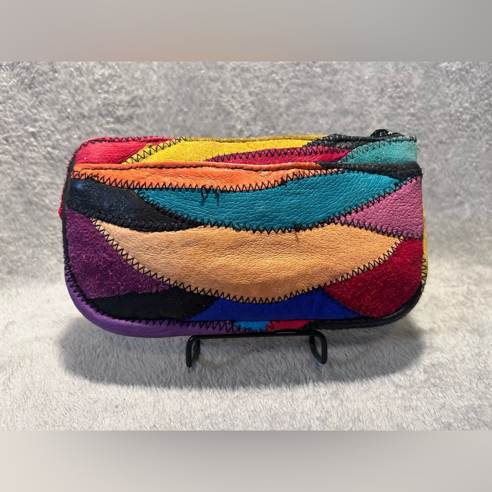 Vtg 80s La Covina Multicolored Recycled Leather Patchwork Shoulder Bag w/ Wallet - Picture 13 of 16